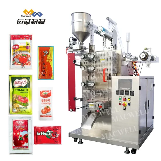 Macchina confezionatrice per imballaggio alimentare con sigillatura verticale della bustina automatica Macwell con salsa/concentrato di pomodoro/olio/condimento per pasta/ketchup/caffè/burro di arachidi